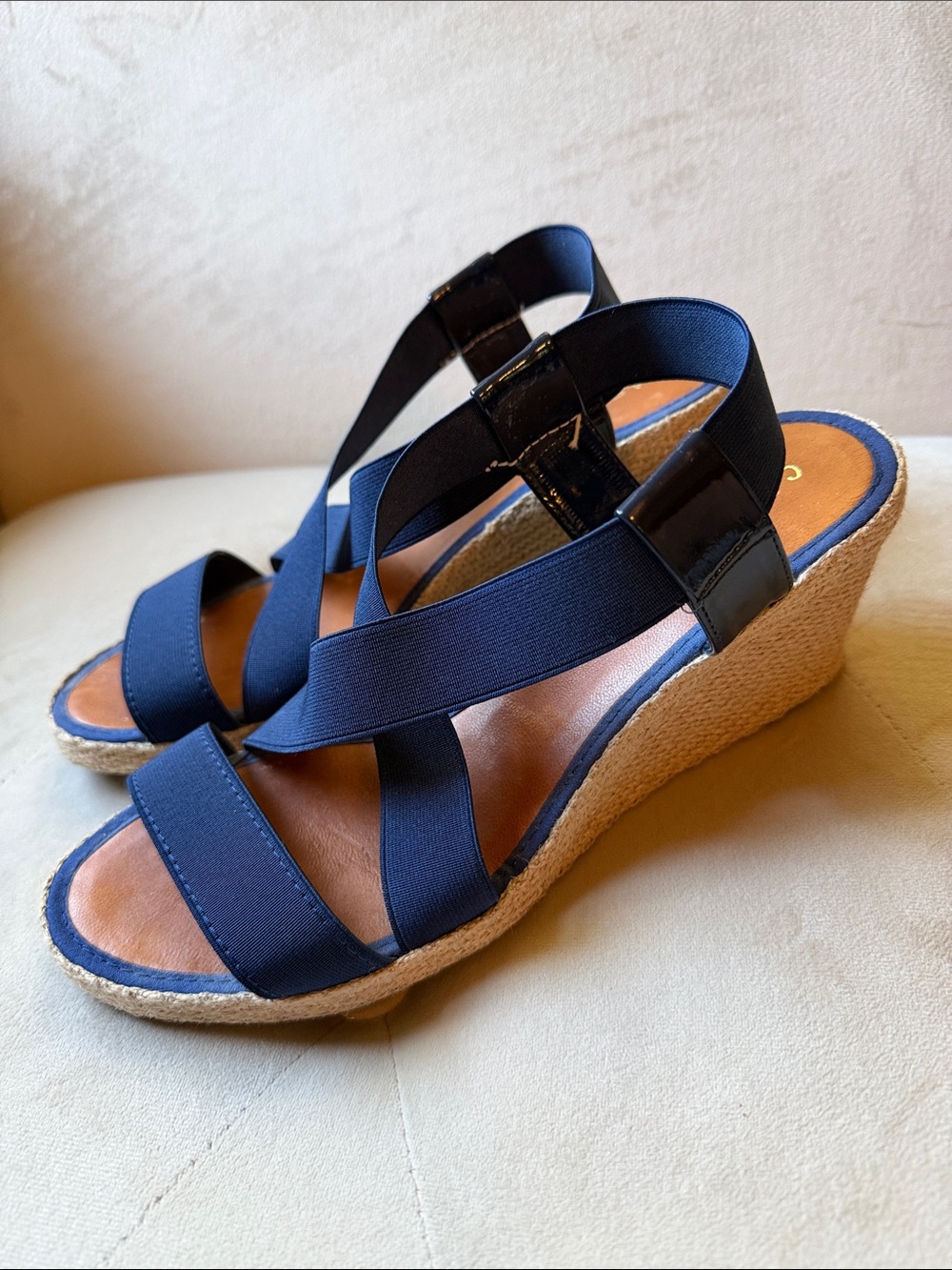 Casteller Navy Elastic Strap Wedge Sandals - Women's Summer Espadrille